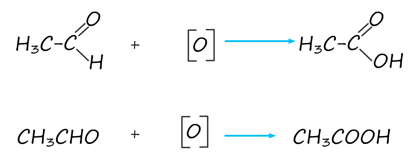 Equations to show the oxidation of ethanal to ethanoic